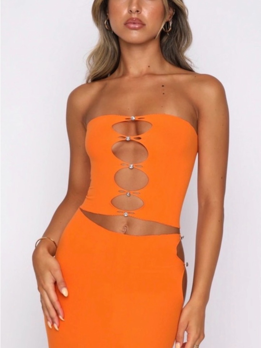 White Fox Boutique Orange Strapless Cutout Bodycon Dress with Rhinestone Accents